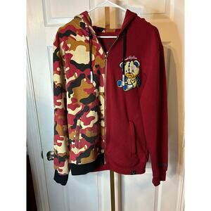 Civilized "Raised by Bears" Zip Front Hoodie, Red/Camo, Size Medium